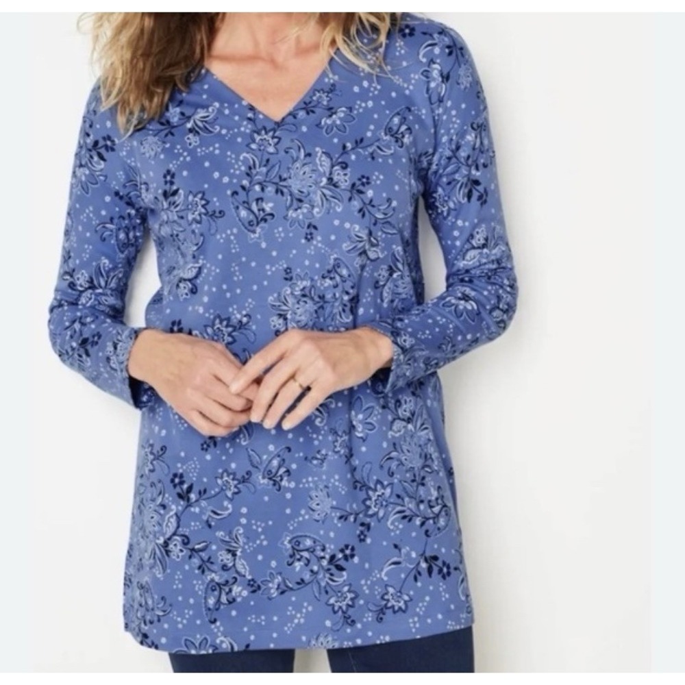 J Jill Simply Pure Supima Cotton V‎ Neck Tunic Top Paisley Blue Whimsy Floral Sm